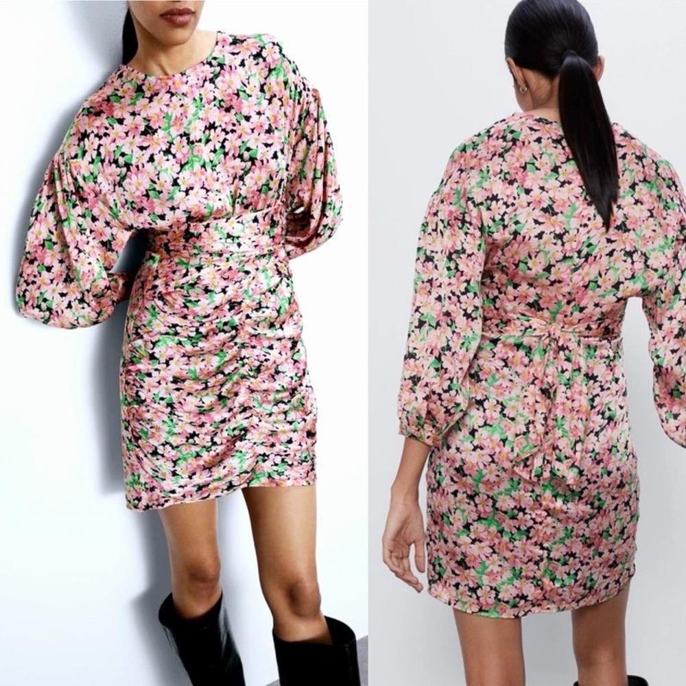 Zara Small Pink Floral Print Bodycon Ruched Mini Dress Tie Waist - Picture 2 of 8